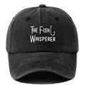 Detailed front view of black washed vintage fishing baseball cap with white text - Black