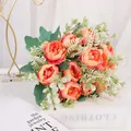 Elegant and realistic peach-pink 6-prong artificial peony bouquet for home decor - Rose Red
