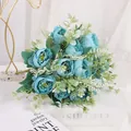 Elegant light blue artificial peony bouquet with green leaves for home decoration - Lake Blue