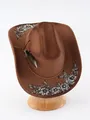 Eleganter brauner Cowboyhut aus Filz mit floraler Stickerei und Federverzierung - M (56-58cm) / Camel
