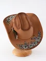 Brauner Filz-Cowboyhut mit Blumenstickerei-Imitat Kreuzmotiv und Naturfeder Dekoration - M (56-58cm) / Khaki