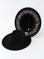 Schwarzer Gothic-Fedora-Hut mit breiter Krempe und bestickten Rosen- und Totenkopfmotiven - M (56-58cm) / Totenkopf-Blume (DYYH01)