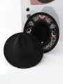 Schwarzer Gothic-Hut mit breiter Krempe sowie Schmetterlings- und Mond-Stickerei - M (56-58cm) / Schmetterling Blume (DYYH01)
