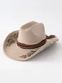 Cappello da cowboy in pelle scamosciata marrone a tesa larga con rose ricamate. - M（56-58cm） / Bianco avorio