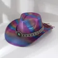 Close-up detail of a vibrant iridescent cowboy hat featuring a turquoise stone embellishment - M (56-58cm) / Fuschia