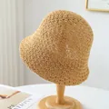Handwoven breathable straw bucket hat in natural khaki finish for summer beach trips - M (56-58cm) / Hollow Crochet Style (5631) / Khaki