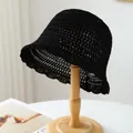 Black breathable crochet bucket hat for summer beach and outdoor sun protection - M (56-58cm) / Hollow Crochet Style (5632) / Black
