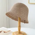 Handmade beige crochet straw fisherman hat with breathable mesh pattern on a stand - M (56-58cm) / Hollow Crochet Style (5632) / Mocha