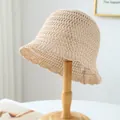 Elegant beige handmade crochet straw bucket hat for summer outdoor sun protection - M (56-58cm) / Hollow Crochet Style (5632) / Beige