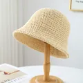 Handmade breathable beige straw bucket hat for summer beach outdoor activities. - M (56-58cm) / Hollow Crochet Style (5634) / Beige