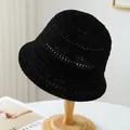 Handmade black breathable crochet bucket hat for summer beach and outdoor sun protection - M (56-58cm) / Hollow Crochet Style (5638) / Black