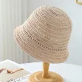 Hand-woven breathable straw bucket hat in beige for summer beach sun protection. - M (56-58cm) / Hollow Crochet Style (5638) / Beige