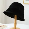 Handcrafted black crocheted bucket hat featuring a breathable hollow-out knit pattern - M (56-58cm) / Hollow Crochet Style (5639) / Black