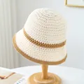 Breathable hand-woven cream straw bucket hat with brown stripes for summer sun protection. - M (56-58cm) / Contrast Trim Style (5640) / Milky White with Khaki Edge