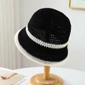 Breathable handmade straw bucket hat in black and white contrast for summer beach trips - M (56-58cm) / Contrast Trim Style (5640) / Black with White Edge