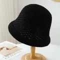 Handmade breathable black crochet bucket hat for summer beach wear and sun protection - M (56-58cm) / Grid Hollow Style (5641) / Black