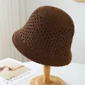 Hand-woven brown straw bucket hat with breathable hollow-out design for beach summer - M (56-58cm) / Grid Hollow Style (5641) / Brown