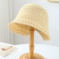 Breathable handmade beige straw bucket hat for summer beach and outdoor sun protection - M (56-58cm) / Hollow Crochet Style (5642) / Beige