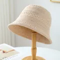 Beige hand-knitted breathable straw bucket hat for summer beach outdoor activities - M (56-58cm) / Hollow Crochet Style (5643) / Beige