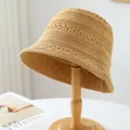 Breathable hand-woven straw bucket hat in light brown, perfect for summer beach sun protection - M (56-58cm) / Hollow Crochet Style (5643) / Khaki