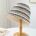 Breathable handmade straw bucket hat with black and white woven stripes for sun protection - M (56-58cm) / Striped Crochet Style (5646) / Creamy White & Black