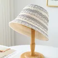 Handmade breathable straw bucket hat featuring elegant grey stripes on cream color base - M (56-58cm) / Striped Crochet Style (5646) / Cream Grey