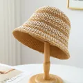 Hand-woven breathable straw bucket hat with decorative white stripes in light brown finish - M (56-58cm) / Striped Crochet Style (5646) / Khaki & Creamy White