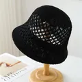 Hand-woven black crochet bucket hat with breathable hollow-out lattice pattern. - M (56-58cm) / Diamond Hollow Style (5647) / Black