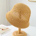 Handmade crochet straw bucket hat in beige with breathable hollow lattice design - M (56-58cm) / Diamond Hollow Style (5647) / Khaki