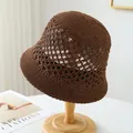 Breathable hand-woven straw bucket hat in dark brown for summer beach sun protection - M (56-58cm) / Diamond Hollow Style (5647) / Brown