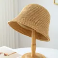 Elegant handmade breathable straw cloche bucket sun hat for women in natural tan shade - M (56-58cm) / Hollow Crochet Style (5652) / Khaki