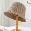 Handwoven breathable summer straw bucket hat in khaki color for outdoor beach sun protection - M (56-58cm) / Hollow Crochet Style (5652) / Mocha