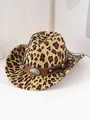 Vista dettagliata di un cappello da cowboy in pelle scamosciata leopardata con fascia decorata - M（56-58cm） / Stampa leopardata