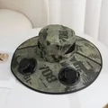 Outdoor camouflage sun hat with dual solar and USB powered fans for cooling protection - M (56-58cm) / Wire Shaping / Camouflage Military Green