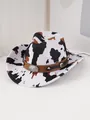 Primo piano di cappello da cowboy con stampa mucca, cinturino borchiato e fibbia metallo. - M（56-58cm） / Nero Bianco Cachi