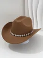 Dettaglio ravvicinato di un cappello da cowboy marrone con fascia di fiori in strass. - M（56-58cm） / Cammello