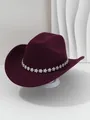 Dettaglio cappello jazz western bordeaux di lusso con decorazione a fiori in strass lucidi - M（56-58cm） / Borgogna