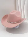 Elegante cappello da cowboy in feltro rosa con una fascia di fiori in strass lucidi - M（56-58cm） / Colore loto