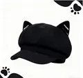 Berretto newsboy nero in lana con orecchie di gatto, cappello ottagonale alla moda - M（56-58cm） / Nero