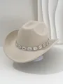 Close-up detail of a beige felt cowboy hat featuring a sparkling teardrop rhinestone band - M (56-58cm) / Beige