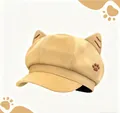 Berretto beige con orecchie di gatto e ricamo a zampa, stile vintage per le donne - M（56-58cm） / Marrone chiaro