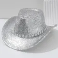 Sombrero de vaquero con purpurina plateada y banda de flores de diamantes de imitación - M (56-58cm) / Plateado