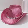 Sombrero de vaquero rosa brillante de ala ancha con banda de diamantes de imitación de flores - M (56-58cm) / Rosa