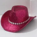Sombrero de vaquero magenta brillante con banda de flores de strass para festivales - M (56-58cm) / Rosa rojo