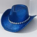 Chapeau de cowboy bleu scintillant avec bandeau de fleurs en strass pour festivals - M (56-58cm) / Bleu saphir