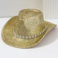 Chapeau de cowboy doré scintillant à larges bords avec une élégante bande de fleurs en strass - M (56-58cm) / Or clair