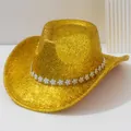 Chapeau de cowboy doré scintillant avec bande de fleurs en strass blancs élégant - M (56-58cm) / Couleur Or