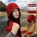 Handmade red hollow out crochet knit hat with tassels for women winter accessories - M (56-58cm) / Crochet Flower Tassel Style / Red