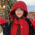 Stylish red knitted hooded scarf for women featuring integrated winter warmth design - M (56-58cm) / Hooded Scarf Integrated Style / Red