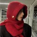 Sweet Japanese style red knitted hooded scarf for women perfect for autumn and winter warmth - M (56-58cm) / Button Scarf Integrated Style / Red